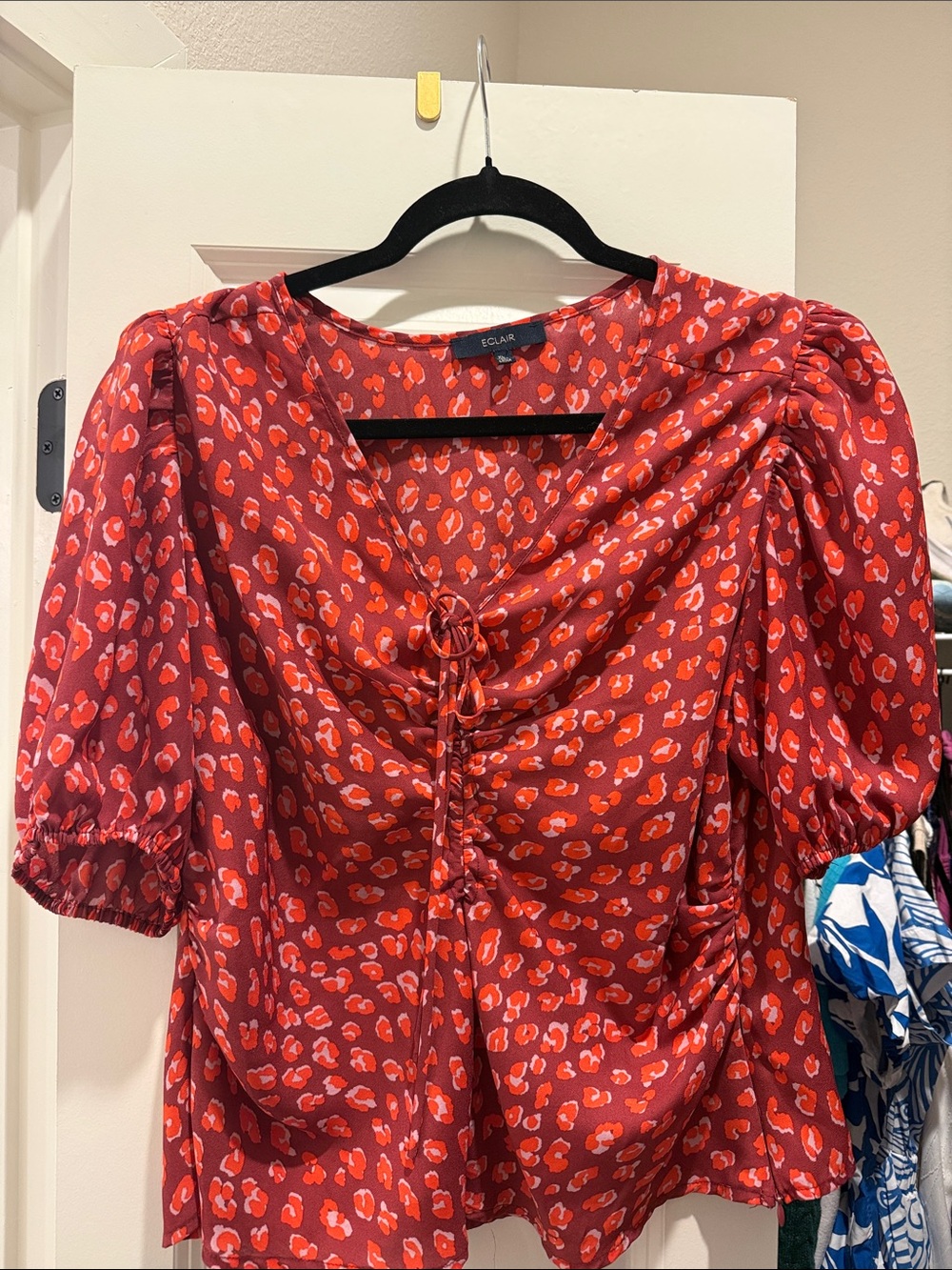 ECLAIR Red Printed Tie-Front Puff Sleeve Blouse